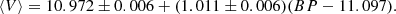$$ \begin{aligned} \langle V \rangle = 10.972\pm 0.006 + (1.011\pm 0.006)(BP-11.097). \end{aligned} $$
