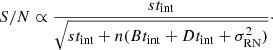 $$ \begin{aligned} S/N \propto \frac{st_{\rm int}}{\sqrt{st_{\rm int}+n(Bt_{\rm int} + Dt_{\rm int} + \sigma _{\rm RN}^2)}}\cdot \end{aligned} $$