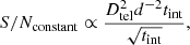 $$ \begin{aligned}&S/N_{\rm constant} \propto \frac{D_{\rm tel}^2d^{-2}t_{\rm int}}{\sqrt{t_{\rm int}}}, \end{aligned} $$