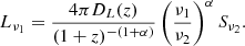$$ \begin{aligned} L_{\nu _1} = \frac{4\pi D_L(z)}{(1+z)^{-(1+\alpha )}}\left( \frac{\nu _1}{\nu _2}\right)^{\alpha } S_{\nu _2}. \end{aligned} $$