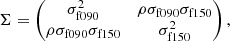 $$ \begin{aligned} \Sigma = \begin{pmatrix} \sigma ^2_{\mathrm{f090} }&\rho \sigma _{\mathrm{f090} }\sigma _{\mathrm{f150} } \\ \rho \sigma _{\mathrm{f090} }\sigma _{\mathrm{f150} }&\sigma ^2_{\mathrm{f150} }\end{pmatrix}, \end{aligned} $$