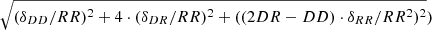 $ \sqrt{(\delta_{DD}/RR)^2+4\cdot(\delta_{DR}/RR)^2+((2DR-DD)\cdot\delta_{RR}/RR^2)^2}) $