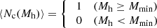 $$ \begin{aligned} \langle N_{\mathrm{c}}(M_{\mathrm{h}})\rangle = {\left\{ \begin{array}{ll} \; 1&(M_{\mathrm{h}}\ge M_{\mathrm{min}}) \\ \; 0&(M_{\mathrm{h}}< M_{\mathrm{min}}) \end{array}\right.} \end{aligned} $$