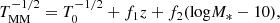 $$ \begin{aligned} T_{\text{MM}}^{-1/2} = T_0^{-1/2}+f_1z+f_2(\mathrm{log} M_{*}-10), \end{aligned} $$