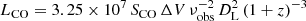$$ \begin{aligned} L_{\rm CO} = 3.25 \times 10^7\,S_{\rm CO}\,\Delta V\,\nu _{\rm obs}^{-2}\,D_{\rm L}^{2}\,(1+z)^{-3} \end{aligned} $$