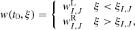 $$ \begin{aligned} { w}(t_0, \xi ) = {\left\{ \begin{array}{ll} { w}^\mathrm{L}_{I,J}&\xi < \xi _{I,J} \\ { w}^\mathrm{R}_{I,J}&\xi > \xi _{I,J}, \end{array}\right.} \end{aligned} $$