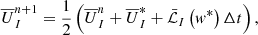 $$ \begin{aligned}&\overline{{U}}^{n+1}_I = \frac{1}{2} \left(\overline{{U}}^n_I + \overline{{U}}^*_I + \bar{\mathcal{L} }_I\left({ w}^*\right) \Delta t \right), \end{aligned} $$