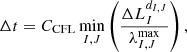 $$ \begin{aligned} \Delta t = C_{\rm CFL} \min _{I,J} \left(\frac{\Delta L^{d_{I,J}}_I}{\lambda ^\mathrm{max}_{I,J}}\right), \end{aligned} $$