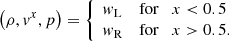$$ \begin{aligned} \left(\rho , { v}^x, p \right) = {\left\{ \begin{array}{ll} { w}_{\rm L}&\mathrm{for} \quad x < 0.5 \\ { w}_{\rm R}&\mathrm{for} \quad x > 0.5. \end{array}\right.} \end{aligned} $$