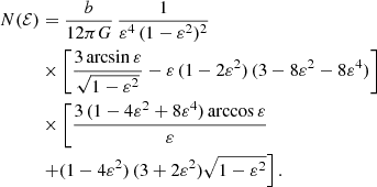 $$ \begin{aligned} N(\mathcal{{E}})&= \frac{b}{12\pi G} \,\frac{1}{\varepsilon ^4\,(1-\varepsilon ^2)^2} \nonumber \\&\times \left[\frac{3\arcsin \varepsilon }{\sqrt{1-\varepsilon ^2}} - \varepsilon \,(1-2\varepsilon ^2)\,(3-8\varepsilon ^2-8\varepsilon ^4)\right] \nonumber \\&\times \left[ \frac{3\,(1-4\varepsilon ^2+8\varepsilon ^4)\arccos \varepsilon }{\varepsilon }\right.\nonumber \\&\left.+ (1-4\varepsilon ^2)\,(3+2\varepsilon ^2)\sqrt{1-\varepsilon ^2}\right]. \end{aligned} $$