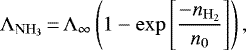 \begin{align*}\Lambda_{\mathrm{NH}_3}\,{=}\,\Lambda_{\infty} \left(1 - \exp\left[\frac{-n_{\mathrm{H}_2}}{n_{\mathrm{0}}}\right]\right),\end{align*}
