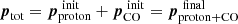 $ \boldsymbol{p}_{\mathrm{tot}}=\boldsymbol{p}_{\mathrm{proton}}^{\mathrm{\,\, init}}+\boldsymbol{p}_{\mathrm{CO}}^{\mathrm{\,\, init}}=\boldsymbol{p}_{\mathrm{proton+CO}}^{\mathrm{\,\, final}} $