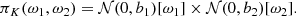 $$ \begin{aligned} \pi _K(\omega _1,\omega _2)=\mathcal{N} (0,b_1)[\omega _1]\times \mathcal{N} (0,b_2)[\omega _2]. \end{aligned} $$
