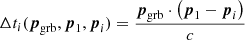 $$ \begin{aligned} \Delta t_{i}(\boldsymbol{p}_{\mathrm{grb}},\boldsymbol{p}_{1},\boldsymbol{p}_{i}) = \frac{\boldsymbol{p}_{\mathrm{grb}}\cdot \left(\boldsymbol{p}_{1} - \boldsymbol{p}_{i}\right)}{c} \end{aligned} $$