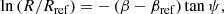 $$ \begin{aligned} {\ln } \left(R/R_{\mathrm{ref} }\right) = - \left(\beta -\beta _{\mathrm{ref} }\right) \mathrm{tan}\,\psi , \end{aligned} $$