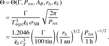 \begin{equation*}\begin{aligned}\Theta&\,{=}\, \Theta(\Gamma, P_{\mathrm{rot}}, A_B, {r_{\mathrm{h}}}, \epsilon_S) \\&\,{=}\, \frac{\Gamma}{T_{\mathrm{eqm}}^3 \bar{\epsilon}_S \sigma_{\mathrm{SB}}}\sqrt{\frac{2\pi}{P_{\mathrm{rot}}}} \\&\,{=}\, \frac{1.2046}{\bar{\epsilon}_S c_T^3}\left (\frac{\Gamma}{100 {\,\mathrm{tiu}}} \right)\left (\frac{{r_{\mathrm{h}}}}{1 {\,\mathrm{au}}} \right)^{3/2}\left (\frac{P_{\mathrm{rot}}}{1 {\,\mathrm{h}}} \right)^{-1/2}.\end{aligned}\end{equation*}