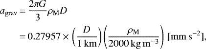 \begin{equation*}\begin{aligned}a_{\mathrm{grav}} &\,{=}\, \frac{2 \pi G}{3} \rho_{\textrm{M}} D \\&\,{=}\, 0.27957 \,{\times}\,\left (\frac{D}{1 {\,\mathrm{km}}} \right)\left (\frac{\rho_{\textrm{M}}}{2000 {\,\mathrm{kg\,m^{-3}}}} \right)\,\mathrm{[mm\,s^{-2}]},\end{aligned}\end{equation*}