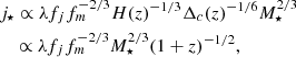 $$ \begin{aligned}&j_\star \propto \lambda f_j f_m^{-2/3} H(z)^{-1/3}\Delta _c(z)^{-1/6}M_\star ^{2/3}\nonumber \\&\quad \propto \lambda f_j f_m^{-2/3}M_\star ^{2/3}(1+z)^{-1/2}, \end{aligned} $$