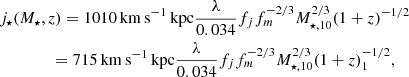 $$ \begin{aligned}&j_\star (M_\star ,z)=1010\,\mathrm{km\,s^{-1}\, kpc}\frac{\lambda }{0.034}{f_j} f_m^{-2/3} M_{\star ,10}^{2/3}(1+z)^{-1/2} \\&\qquad \qquad = 715 \,\mathrm{km\,s^{-1}\, kpc}\frac{\lambda }{0.034}{f_j} f_m^{-2/3} M_{\star ,10}^{2/3}(1+z)_{1}^{-1/2}, \nonumber \end{aligned} $$