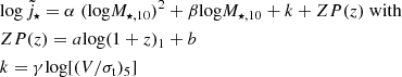 $$ \begin{aligned}&\mathrm{ log}\,\tilde{j}_{\star }= \alpha \;(\mathrm{ log}M_{\star ,10})^{2} + \beta \mathrm{ log}M_{\star ,10} +{k}+{ZP(z)}\;{\mathrm{with}}\nonumber \\&ZP(z) = a \mathrm{ log}(1+z)_{1} + b \\&k=\gamma \mathrm{ log}[(V/\sigma _{\rm t})_{5}]\nonumber \end{aligned} $$