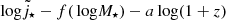 $ {{\rm\thinspace log}}{\tilde j_{\star}}-f({{\rm\thinspace log}}M_\star)-a{{\rm\thinspace log}}(1+z) $