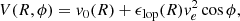 $$ \begin{aligned} V(R,\phi )={ v}_{0} (R)+\epsilon _{\rm lop}(R){ v}_{e}^{2}\cos \phi , \end{aligned} $$