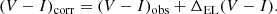 $$ \begin{aligned} (V-I)_{\rm corr}=(V-I)_{\rm obs}+\Delta _{\rm EL}(V-I). \end{aligned} $$