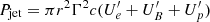 $$ \begin{aligned} P_{\rm jet} = \pi r^2 \Gamma ^2 c (U^{\prime }_e + U^{\prime }_B + U^{\prime }_p) \end{aligned} $$