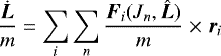 \begin{equation*} \begin{aligned} \frac{\dot{\vec{L}}}{m} = \sum_{i} \sum_{n} \frac{\vec{F}_{i}(J_{n}, \hat{\vec{L}})}{m} \;{\times}\; \vec{r}_{i} \end{aligned}\end{equation*}
