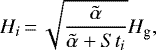 \begin{equation*} H_i\,{=}\,\sqrt {\frac{\tilde{\alpha}}{\tilde{\alpha} + St_i}}H_{\textrm{g}}, \end{equation*}