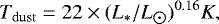 \begin{equation*} T_{\mathrm{dust}} = 22 \times (L_*/L_{\astrosun})^{0.16} K, \end{equation*}