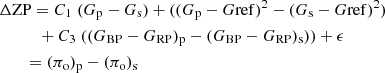 $$ \begin{aligned}&\Delta \mathrm{ZP} = C_{\rm 1} \; (G_{\rm p} - G_{\rm s}) + ((G_{\rm p} - G\mathrm{ref})^{2} - (G_{\rm s} - G\mathrm{ref})^{2}) \nonumber \\&\qquad \quad + C_{\rm 3} \; ({(G_{\rm BP} - G_{\rm RP})_{\rm p} - (G_{\rm BP} - G_{\rm RP})_{\rm s})}) + \epsilon \\&\qquad = (\pi _{\rm o})_{\rm p} - (\pi _{\rm o})_{\rm s} \nonumber \end{aligned} $$