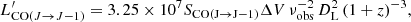 $$ \begin{aligned} L^{\prime }_{\mathrm {CO}(J\rightarrow J{-}1)} =3.25 \times 10^{7} S_{\mathrm {CO}(\mathrm {J}\rightarrow \mathrm {J}{-}1)} \Delta V \, \nu _\mathrm{obs} ^{-2}\,D_{\rm L}^{2} \, (1+z)^{-3}, \end{aligned} $$