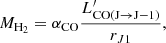 $$ \begin{aligned} M_\mathrm{H_2} =\alpha _\mathrm{CO} \frac{L^{\prime }_{\mathrm {CO}(\mathrm {J}\rightarrow \mathrm {J}{-}1)} }{r_{J1}}, \end{aligned} $$