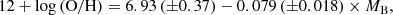$$ \begin{aligned} 12 + \mathrm{log} \left(\mathrm{O/H} \right)= 6.93 \left({\pm }0.37\right) -0.079 \left({\pm }0.018\right) \times M_\mathrm{B} , \end{aligned} $$
