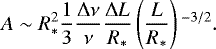\begin{equation*} A \sim R^2_{\ast}\frac{1}{3}\frac{\Delta \nu}{\nu} \frac{\Delta L}{R_{\ast}} \left(\frac{L}{R_{\ast}}\right){}^{-3/2}. \end{equation*}