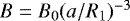 $B = B_0(a/R_1){}^{-3}$