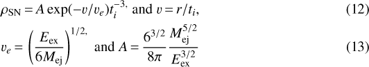 \begin{align} & \rho_{\mathrm{SN}} \,{=}\, A\exp(-v/v_e)t_i^{-3,}\text{ and } v \,{=}\, r/t_i,\\ & v_e \,{=}\, \left(\frac{E_{\mathrm{ex}}}{6M_{\mathrm{ej}}} \right)^{1/2,} \text{ and } A \,{=}\,\frac{6^{3/2}}{8\pi}\frac{M_{\mathrm{ej}}^{5/2}}{E_{\mathrm{ex}}^{3/2}}\end{align}