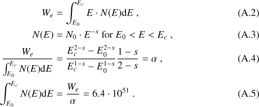 \begin{align*} W_e &= \int_{E_0}^{E_c} E\cdot N(E) \text{d}E \text{, }\\ N(E) &= N_0\cdot E^{-s} \text{ for $E_0< E < E_c$} \text{, }\\ \frac{W_e}{\int_{E_0}^{E_c}N(E)\text{d}E}&=\frac{E_c^{2-s}-E_0^{2-s}}{E_c^{1-s}-E_0^{1-s}}\frac{1-s}{2-s}=\alpha \text{, }\\ \int_{E_0}^{E_c}N(E)\text{d}E &= \frac{W_e}{\alpha}=6.4\cdot 10^{51} \text{. } \end{align*}