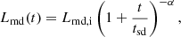 $$ \begin{aligned} L_{\mathrm{md} } (t)=L_{\mathrm{md,i} }\left(1+\frac{t}{t_{\mathrm{sd} }}\right)^{-\alpha }, \end{aligned} $$
