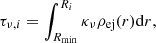 $$ \begin{aligned} \tau _{\nu ,i}=\int _{R_{\min }}^{R_i}\kappa _{\nu }\rho _{\rm ej}(r)\mathrm{d} r, \end{aligned} $$