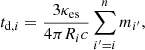 $$ \begin{aligned} t_{\mathrm{d,}i}=\frac{3\kappa _{\rm es}}{4\pi R_ic}\sum _{i^{\prime }=i}^n{m}_{i^{\prime }}, \end{aligned} $$