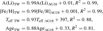 $$ \begin{aligned} {\mathrm{A(Li)}}_{\mathrm{TW}}&= 0.99 \mathrm{A(Li)}_{\mathrm{AG18}} + 0.01, R^2 = 0.99, \\ {}[\mathrm{Fe/H}]_{\rm TW}&= 0.99 [\mathrm {Fe}/\mathrm {H}]_{\mathrm {AG}18} + 0.001, R^2 = 0.99, \\ T_{\rm eff\ TW}&= 0.93 T_{\rm eff\ AG18} +397, R^2 = 0.88, \\ {}\mathrm{Age}_{\mathrm{TW}}&= 0.88 \mathrm{Age}_\mathrm{{AG18}} +0.33, R^2 = 0.81. \end{aligned} $$