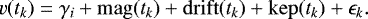 \begin{equation*} v(t_k) = \gamma_i + \mathrm{mag}(t_k) + \mathrm{drift}(t_k) + \mathrm{kep}(t_k) + \epsilon_k. \end{equation*}