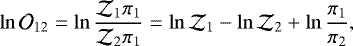 \begin{equation*} \ln{\mathcal{O}_{12}} = \ln{\frac{\mathcal{Z}_{1}\pi_{1}}{\mathcal{Z}_{2}\pi_{1}}} = \ln{\mathcal{Z}_{1}} - \ln{\mathcal{Z}_{2}} + \ln{\frac{\pi_{1}}{\pi_{2}}}, \end{equation*}