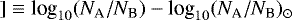 $]\equiv {\textrm{log}}_{10}(N_{\textrm{A}}/N_{\textrm{B}})-\textrm{log}_{10}(N_{\textrm{A}}/N_{\textrm{B}})_{\odot}$