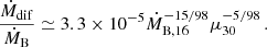 $$ \begin{aligned} \frac{\dot{M}_\mathrm{dif} }{\dot{M}_\mathrm{B} }\simeq 3.3 \times 10^{-5} \dot{M}_\mathrm{B,16} ^{-15/98}\mu _{30}^{-5/98}\,. \end{aligned} $$
