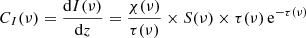 $$ \begin{aligned} C_I(\nu ) = \frac{\mathrm{d}I(\nu )}{\mathrm{d}z} = \frac{\chi (\nu )}{\tau (\nu )}\times S(\nu )\times \tau (\nu )\,\mathrm{e}^{-\tau (\nu )} \end{aligned} $$