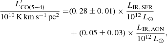 $$ \begin{aligned} \frac{L^\prime _{\rm CO(5{-}4)}}{10^{10}\,\mathrm{K\,km\,s^{-1}\,pc^2}} =&(0.28\pm 0.01) \times \frac{L_{\rm IR,\,SFR}}{10^{12}\,L_\odot }\nonumber \\&+(0.05\pm 0.03) \times \frac{L_{\rm IR,\,AGN}}{10^{12}\,L_\odot }, \end{aligned} $$