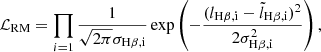 $$ \begin{aligned} \mathcal{L} _\mathrm{RM} = \prod _{i=1} \frac{1}{\sqrt{2\pi } \sigma _{\rm H\beta ,i}} \exp \left(-\frac{(l_{\rm H\beta , i} - \tilde{l}_{\rm H\beta , i})^2}{2 \sigma _{\rm H\beta , i}^2}\right), \end{aligned} $$